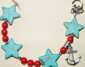 Blue Star Turquoise Charm Bracelet - Genuine Turquoise and Red Coral Swarovski Crystal Pearls