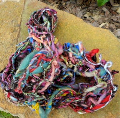 Handspun Yarn, Handspun Art Yarn, Coat of Many Colors, 40 yards, Wool, Bamboo, Angelina , Single Ply