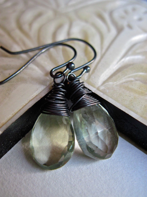 Green Amethyst Wire Wrapped Oxidized Sterling Silver Earrings, February Birthstone Earrings