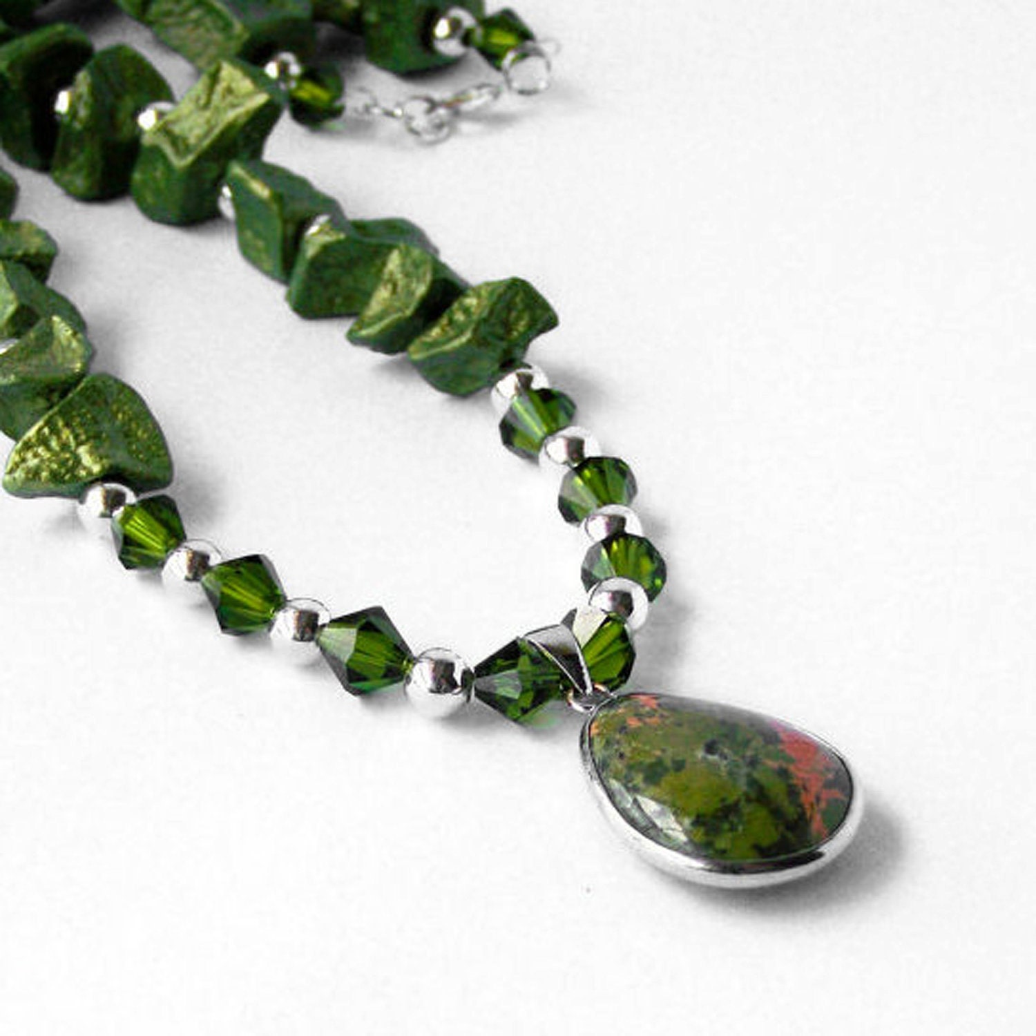 Necklace Swarovski Crystal Moss Green Organic Potato Bead