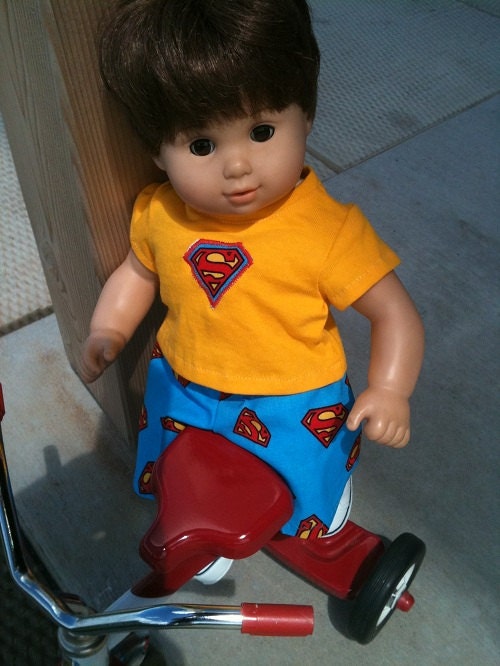 15 inch boy doll (modeled by Bitty Baby) Superman shirt and shorts