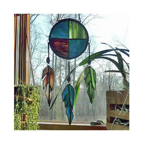 Stained Glass Suncatcher / Unique Panel - Native American Inspired - Earthy Colors - Glass Feathers hang on beaded Suede - Large 13 inches