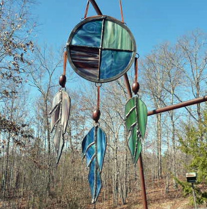 Stained Glass Suncatcher / Unique Panel - Native American Inspired - Earthy Colors - Glass Feathers hang on beaded Suede - Large 13 inches