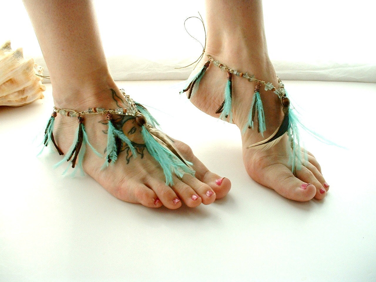 Barefoot Sandals Belly Dance Foot Jewelry Aqua Brown Gypsy Hippie Bohemian Feathers Shoe Toe Thong - MoJosFreeSpirit