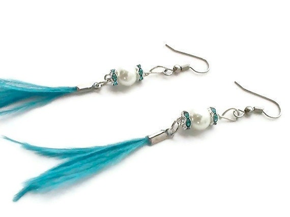 Small Feather Earrings Fringe Jewelry Turquoise aqua blue bohemian boho gypsy hippie