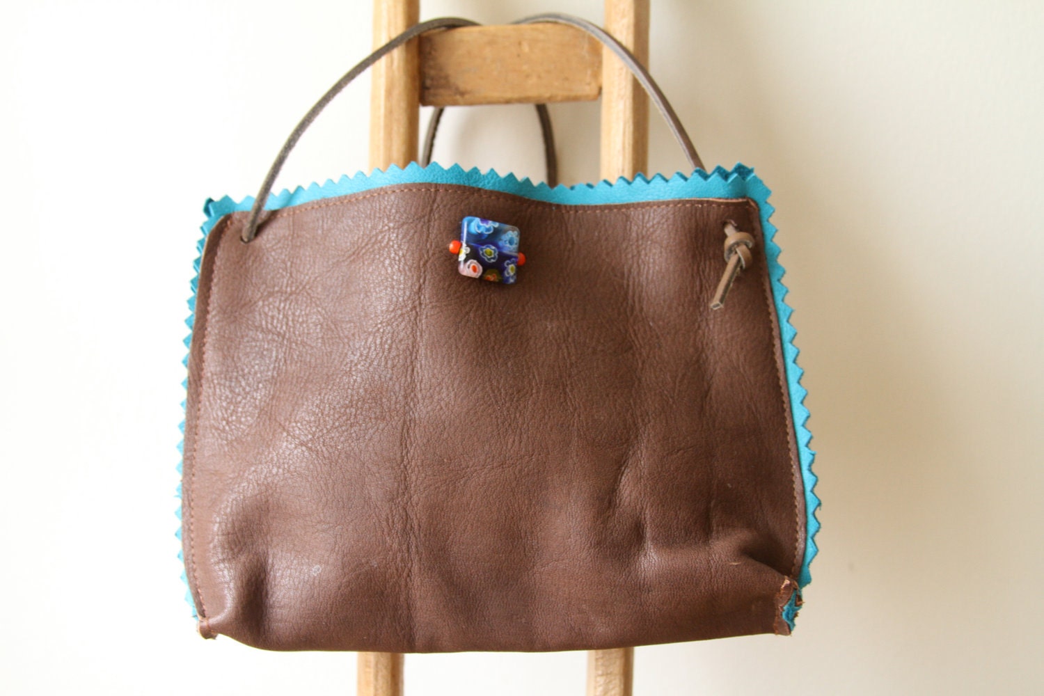 leather bag purse clutch brown turquoise bead small handmade kate michigan earth organic spring