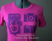Bright Pink TShirt - Screenprinted Vintage Cameras - Size Medium Women