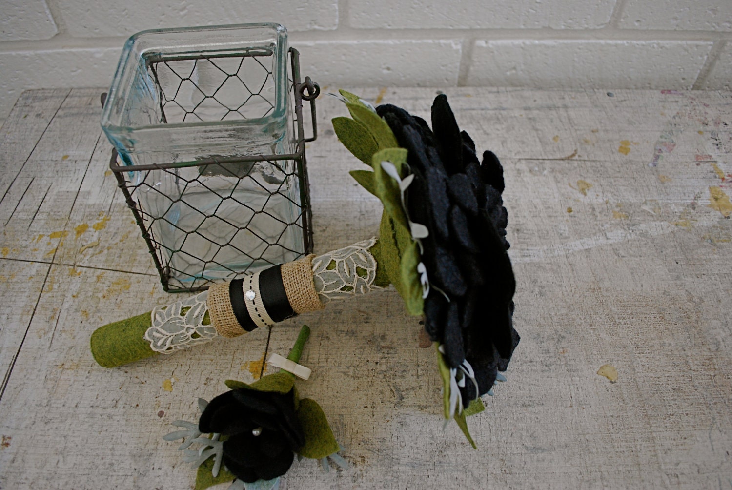 Bridal or bridesmaid bouquet- wool felt flower dusty miller