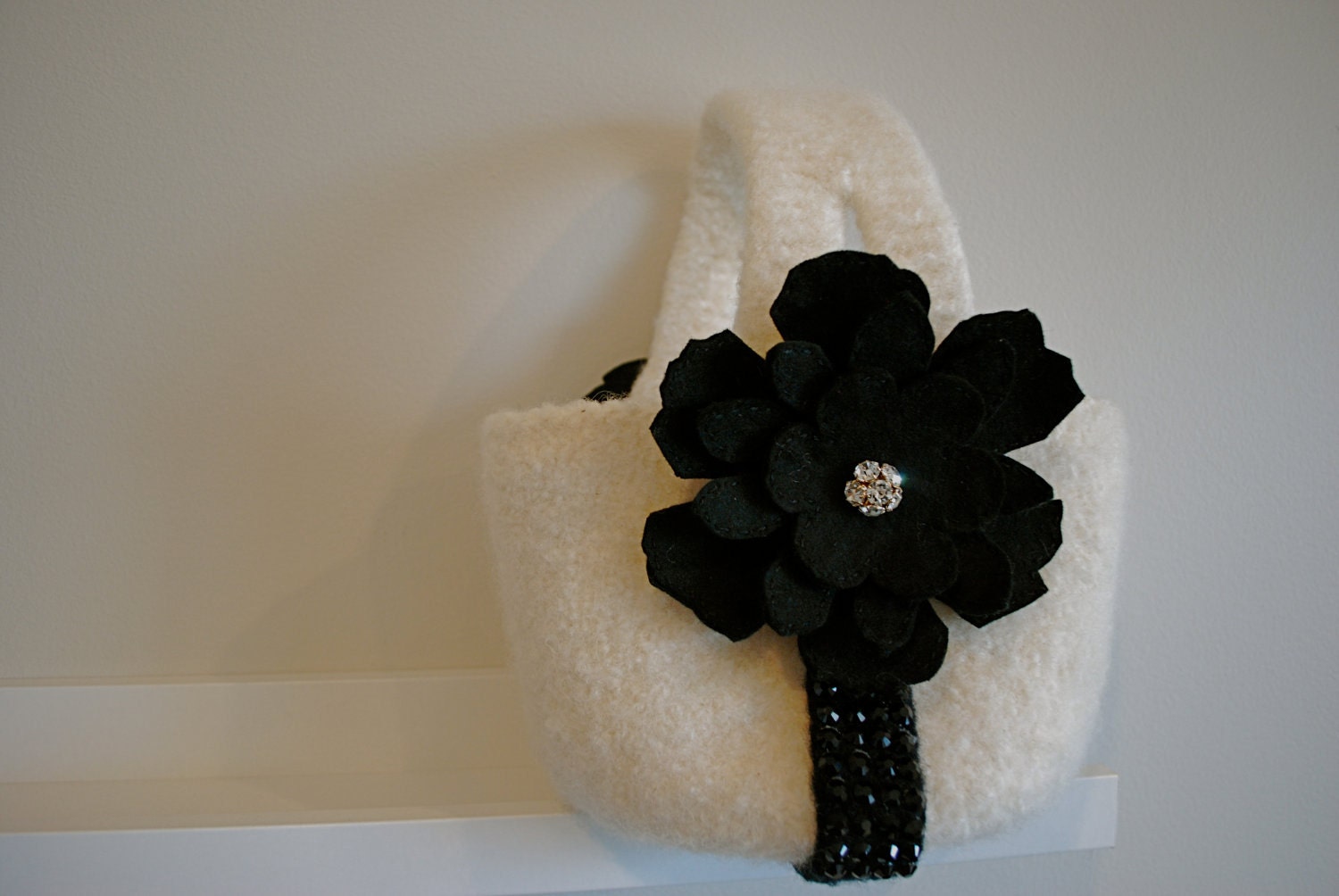 Flower girl basket, black and white,  swarovski crystals with flowers, custom order