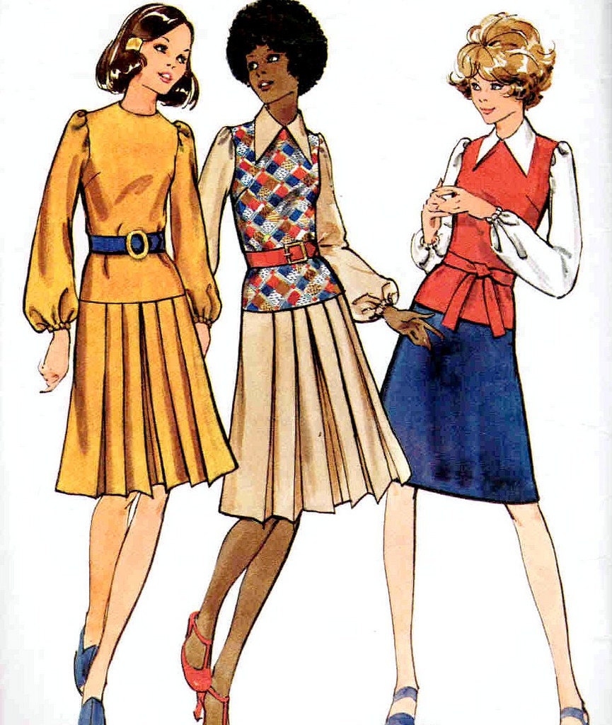 1970s Drop Waist  Dress with Pleated or A-line Skirt Butterick 6543 Size 12 Bust 34 1970s Vintage Sewing Pattern