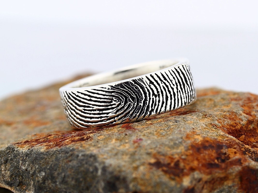 Your Custom Fingerprint Ring - Sterling Silver  Engraving Wedding  Band - Blackened style