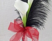 SiMPLY eLeGaNT HaND TieD CaLLa LiLY BRiDeSMaiD Bouquet ReD BLaCK aND WHiTe DaMaSK WeDDiNG FLoWeRS