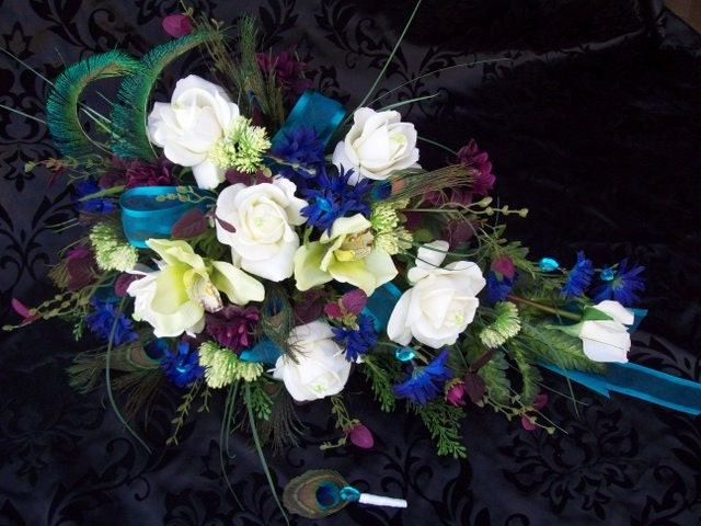 Royal Peacock Wedding Flowers Bridal Bouquet Real Touch Roses and Orchids TeaL, PLuM, BLue, aND GReeN WeDDiNG FLoWeRS