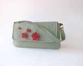 Striped green  CLUTCH BAG with red roses