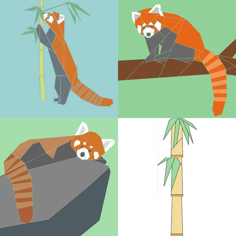 Set of 3 Red Panda paper-piecing quilt patterns, PDF