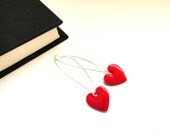Red heart earrings - dangle heart jewelry, Valentine's Day holiday gift for her, bright charm,