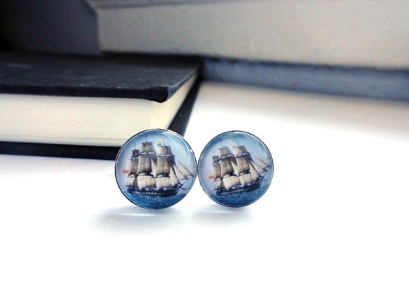 Tall ships cuff links - Nautical cufflinks for groomsmen, men, wedding party, anniversary - vintage style ship gift bouton de manchette