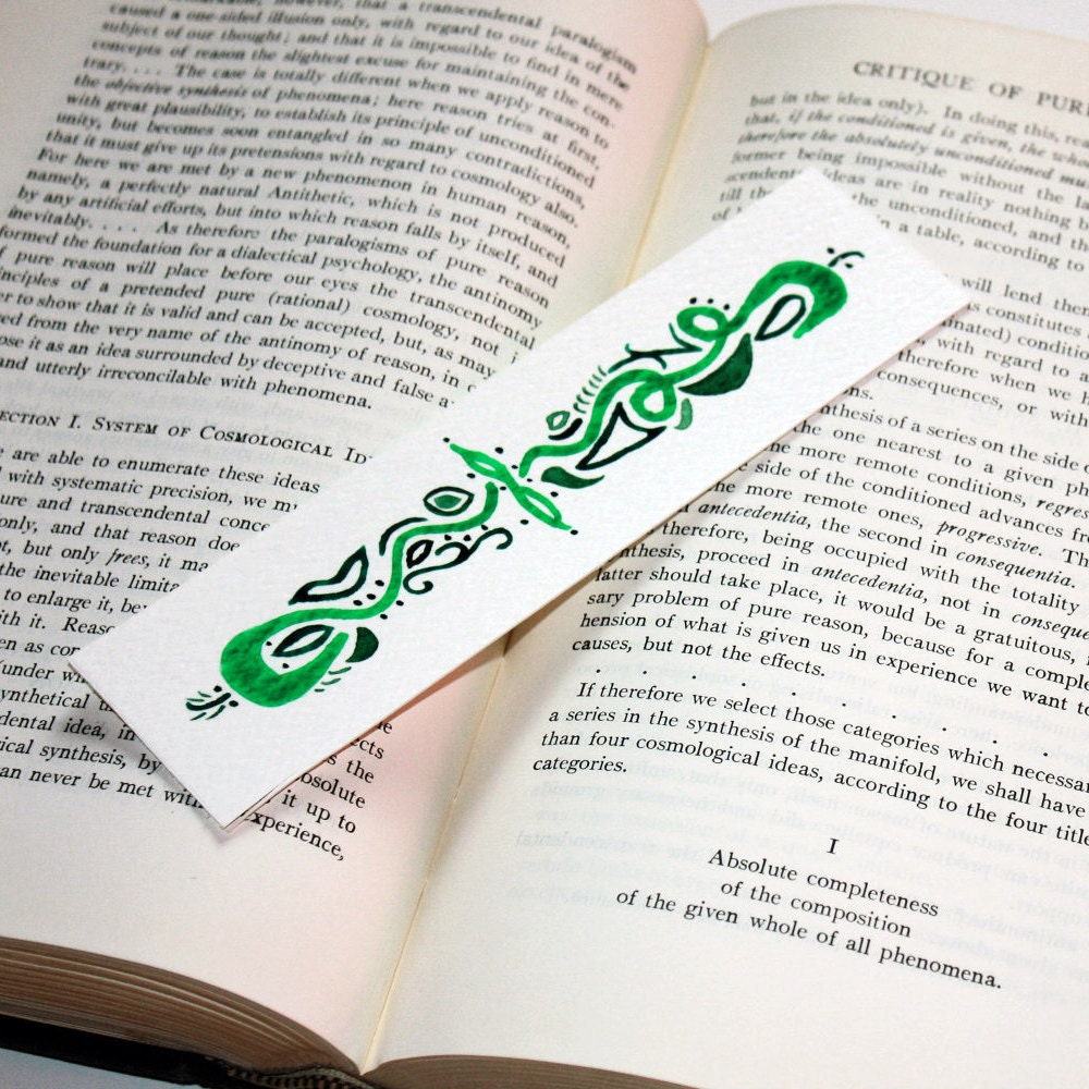 Art Bookmark Hand Painted Green Watercolor Abstract Tribal Design- Ships for Free
