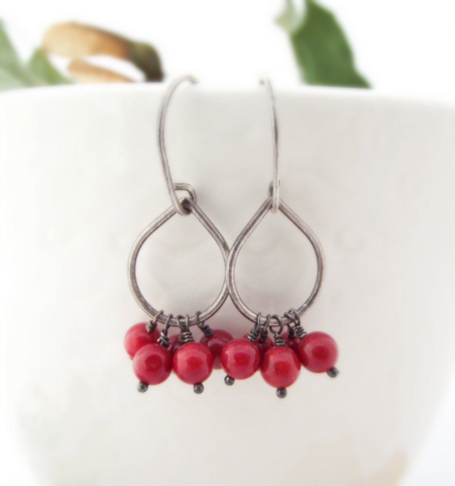 earrings - red coral, oxidized sterling silver