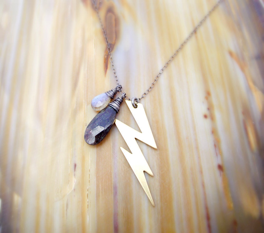 shelter from the storm necklace - brass lightning charm, fiery blue labradorite, black rutilated quartz