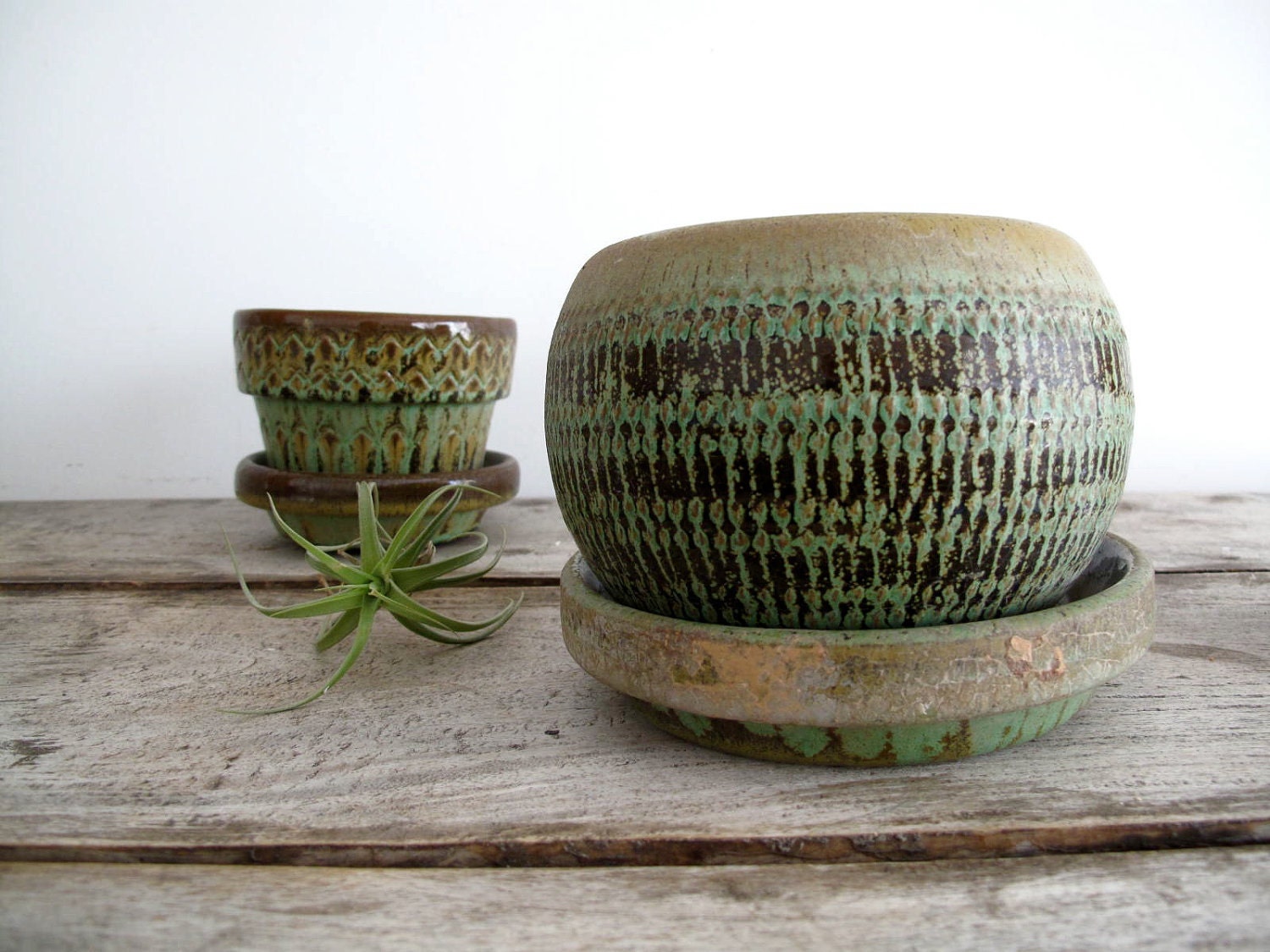 Vintage Ceramic Planters - Mid Century Planter, Green, Pottery, Gardening