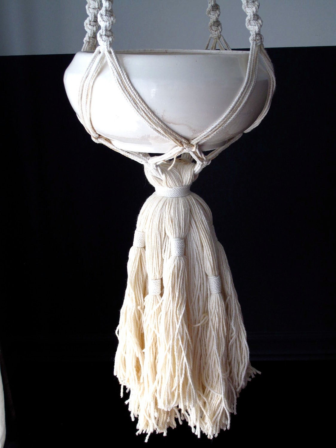 Vintage Hanging Planter - Vintage Macrame and Ceramic Planter, White, Pottery