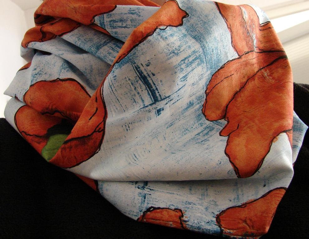 Free Shipping - Orange Poppy on Blue Fabric Infinity Scarf - OOAK - Exuberant Vibrant Out of Print Fabric - Valentine