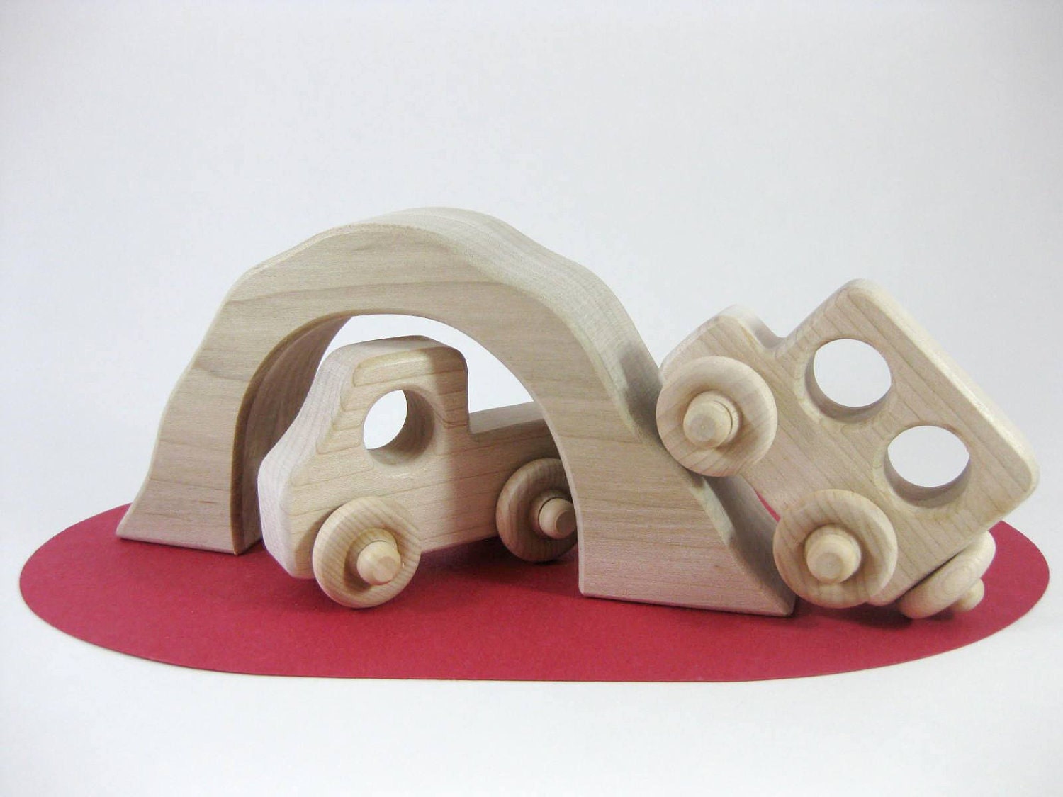 Wooden Toy Bridge and Tunnel with Two Cars Natural Maple