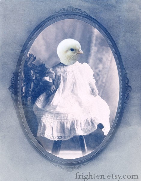 Altered Art, Mixed Media Collage Print, Baby Bird, Gray Blue Victorian Baby Portrait, frighten