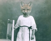 Fox Art Print, Mixed Media Collage Print, Flora, Altered Antique Portrait of a Little Fox Girl, frighten