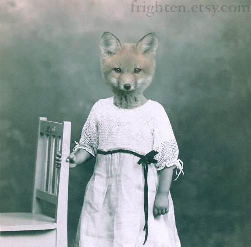 Fox Art, Mixed Media Collage Print, Flora, Altered Antique Portrait of a Little Fox Girl, Anthropomorphic Art, frighten