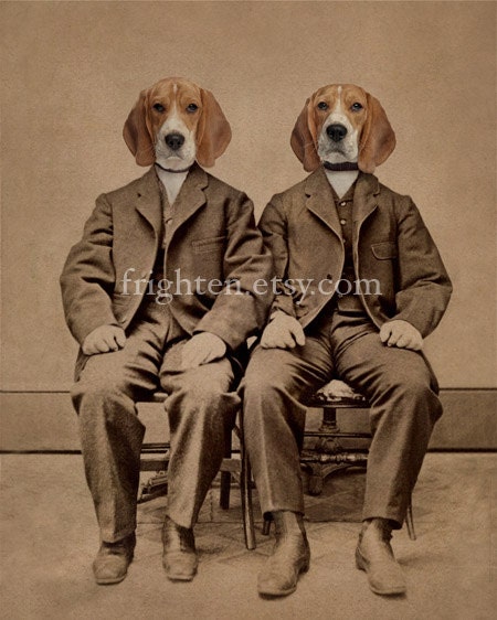 Beagle Dog Art, Mixed Media Collage Print, Beagle Boys, Altered Antique Family Portrait of Two Twin Brothers, frighten