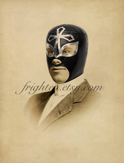 Lucha Libre Art, Mixed Media Collage Print, Portrait of a Luchador, Altered Vintage Photo, frighten