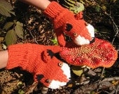 Hand knit fox mittens gloves in red orange with wood buttons
