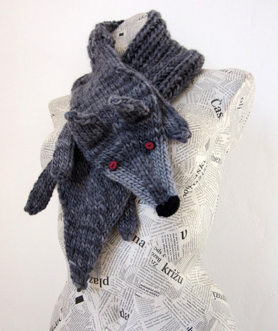 Hand knit wolf scarf in grey black with polymer clay buttons