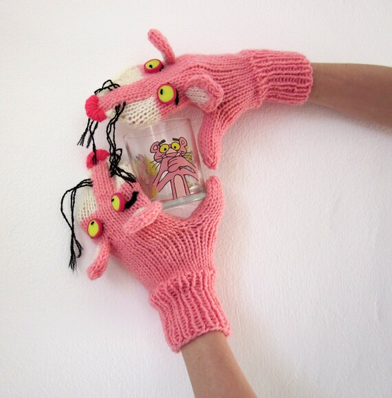 Hand knit Pink Panther mittens gloves with polymer clay buttons