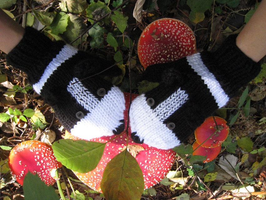 Hand knit Border Collie mittens gloves in black and white with polymer clay buttons