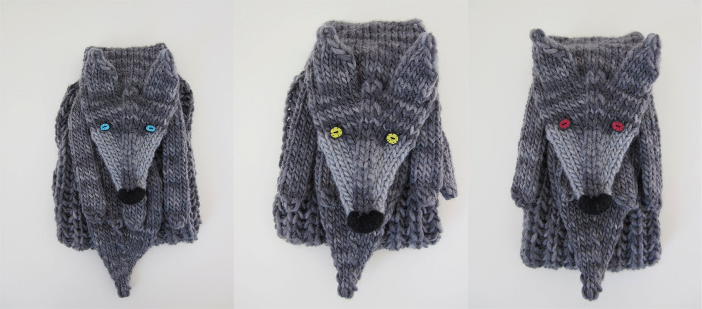 Hand knit wolf scarf in grey black with polymer clay buttons