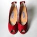 Vintage Pappagallo Shoes - Peep Toe Red Heels with Bows - Classic Womens Red Stiletto 3 inch Heels - Made in Spain - Size 9 1/2 N