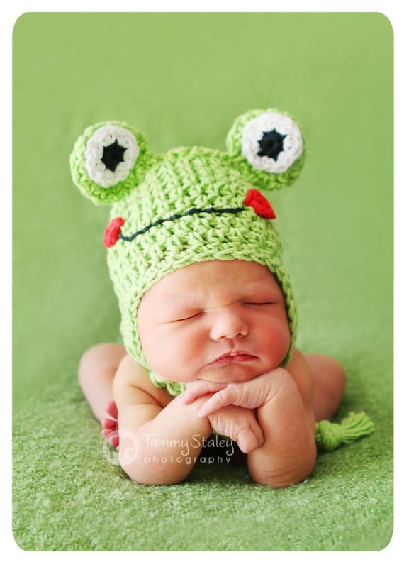 Frog hat with earflaps, braids and face Any size Great for photo prop girl or boy FREE SHIPPING