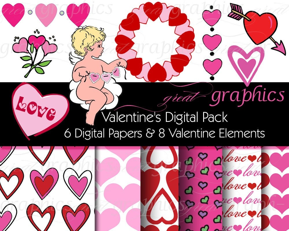 Valentine Paper, Valentine Clip Art, Valentine Party Paper, Valentine Clipart, Digital Valentine Images, Instant Download Il_570xn
