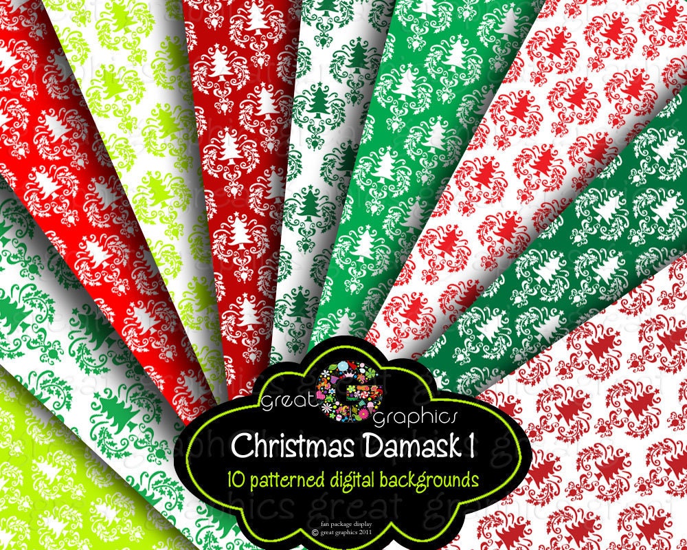 Christmas backgrounds, digital Christmas damask printable Backgrounds sheets, red, green, lime, holiday damask backgrounds Il_570xn