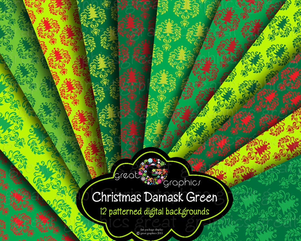 Christmas backgrounds, digital Christmas damask backgrounds in green and red, printable damask Backgrounds sheets, holiday backgrounds Il_570xn