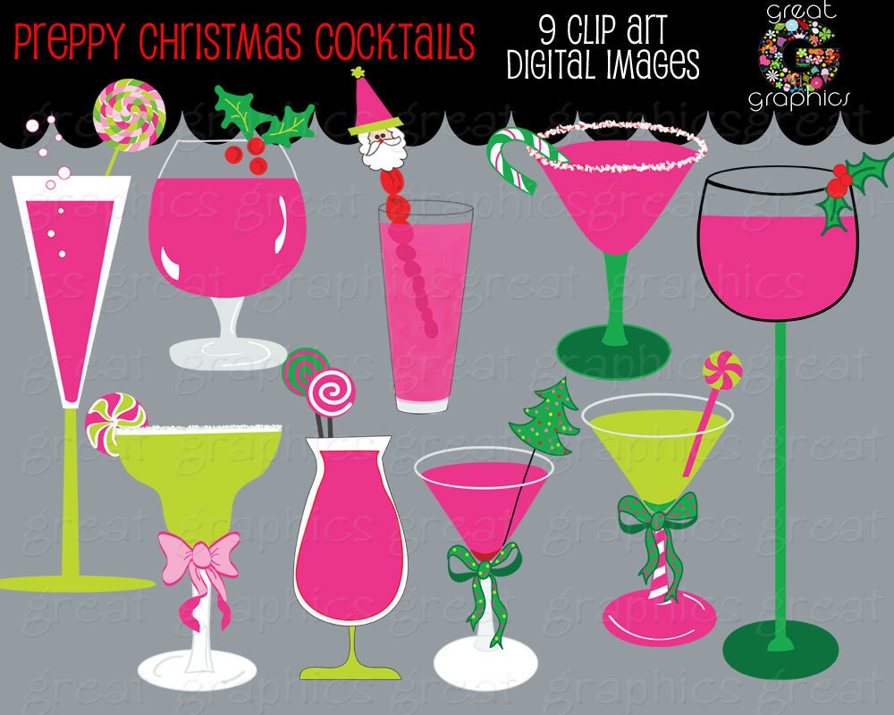 Preppy Christmas Cocktail Clip Art, Christmas clip art printable pink and green Christmas cocktail digital clip art, clip art cocktails Il_570xn