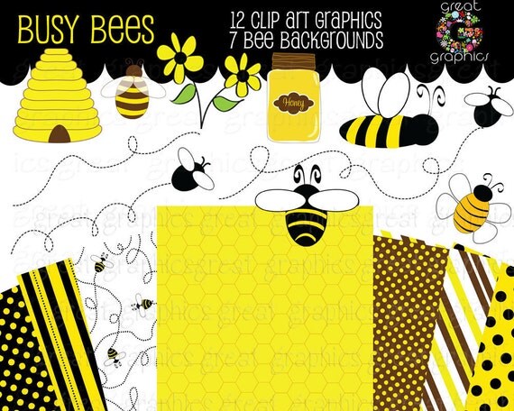 Bee Clip Art, Bumble Bee Clipart, Digital Bee, Bee Digital Paper, Honey Bee Clip Art, Honeycomb Paper, Instant Download Il_570xn