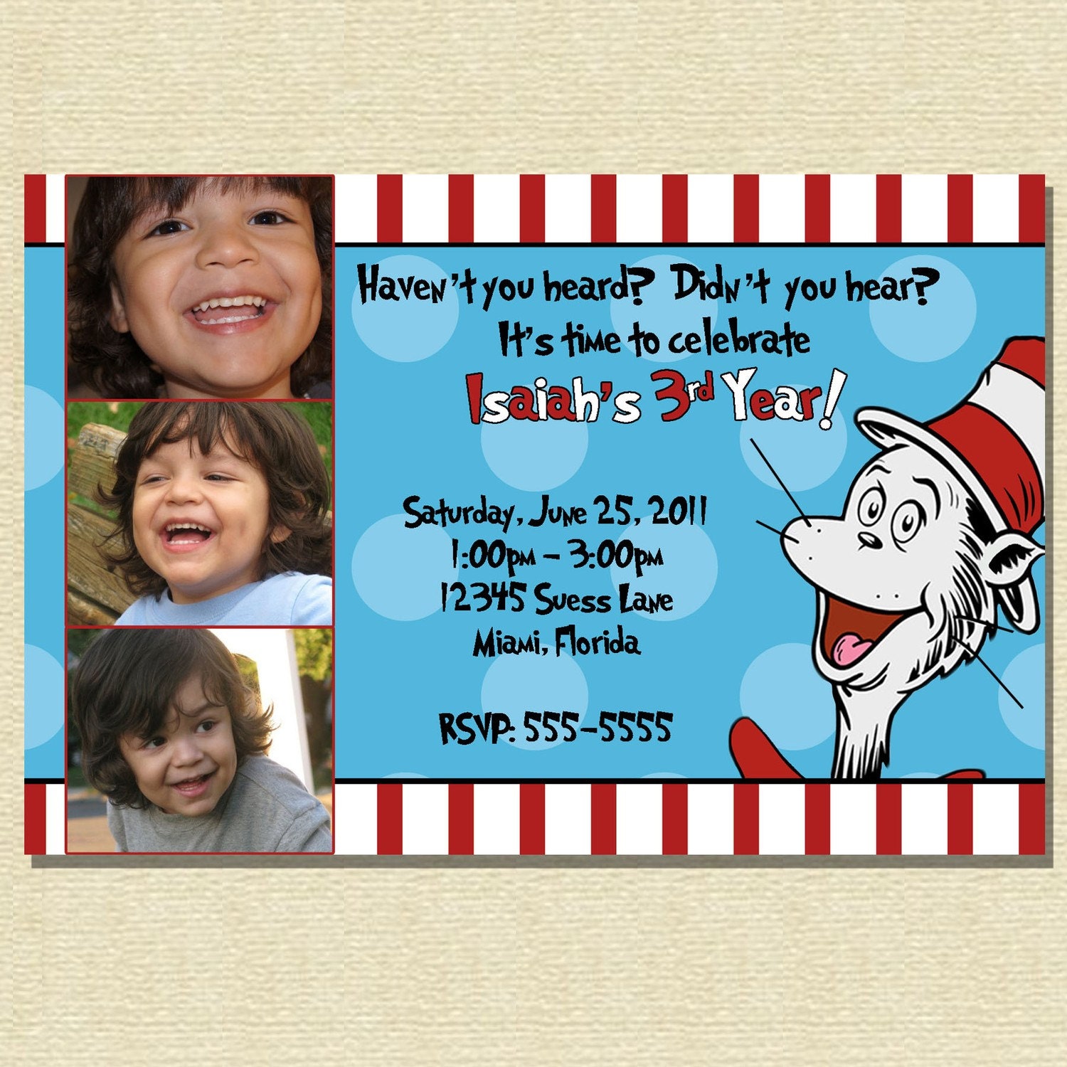 Cat in the Hat - Dr. Suess Birthday Invitation 4 Choices - 1 or 3 Photo Option - Matching Coordinates Available Il_570xn