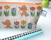 Zippered Pencil Case / Pouch - Puppy and Flowers