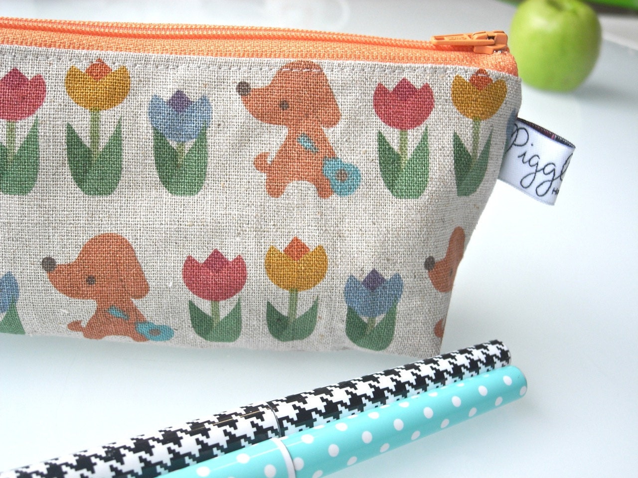 Zippered Pencil Case / Pouch - Puppy and Flowers