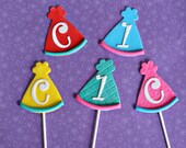 Fondant Party Hat Toppers on a Stick with the Birthday Kid's Initial and Age for Cupcakes or Mini-Cakes
