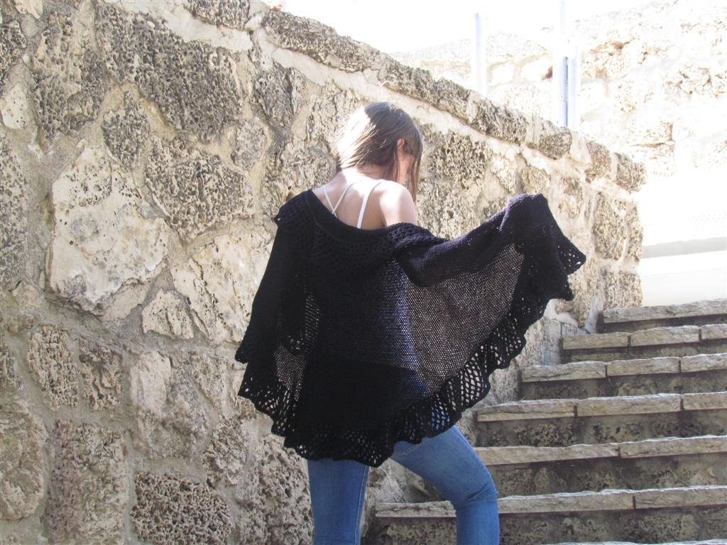 Black Wraparound Shawl, Crocheted Shawl, Womens Knit Shawl, Women's Clothing Accessories